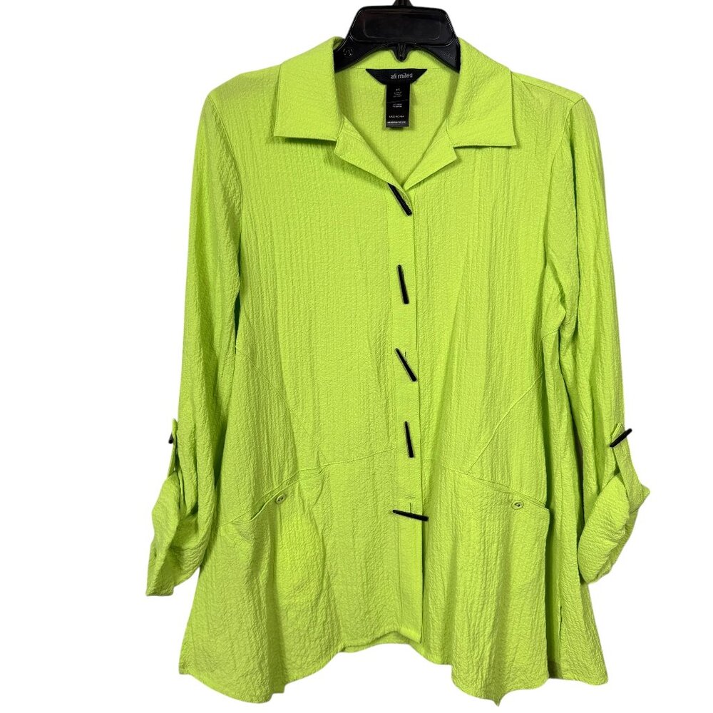 Ali Miles Tunic Top Womens XS Neon Green Artsy Button Pockets Crinkle Lagenlook